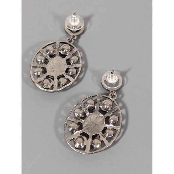 Two Tone Rhinestone Oval Dangle Earrings Modernist Industrial Statement Bold - Picture 5 of 6